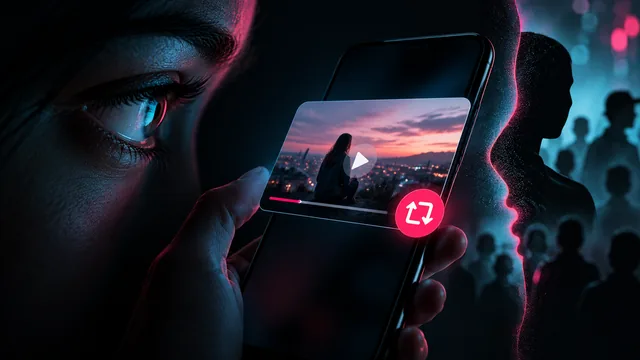 Person viewing a reposted phone video beside anonymous audience silhouettes Person viewing a reposted phone video beside anonymous audience silhouettes