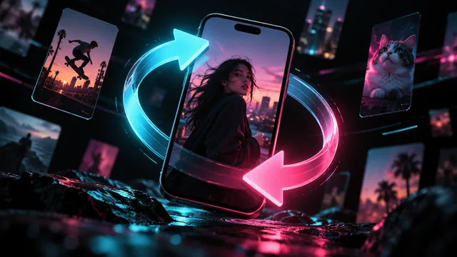 Phone video surrounded by two glowing arrows illustrating how reposting works Phone video surrounded by two glowing arrows illustrating how reposting works