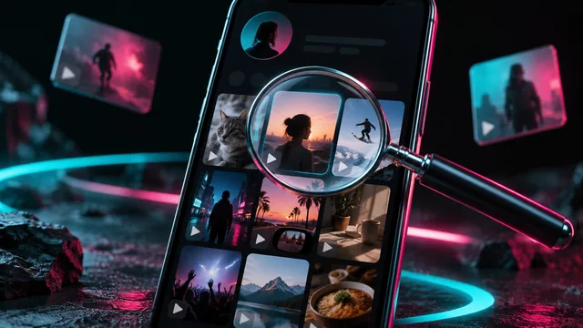 Magnifying glass over a grid of reposted videos on a phone profile Magnifying glass over a grid of reposted videos on a phone profile
