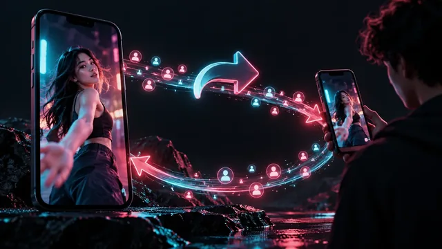 Two phones and glowing audience symbols illustrating views on a reposted video Two phones and glowing audience symbols illustrating views on a reposted video